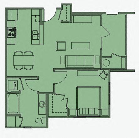 Floor plan for 1 bed, 1 bath, 763 sqft